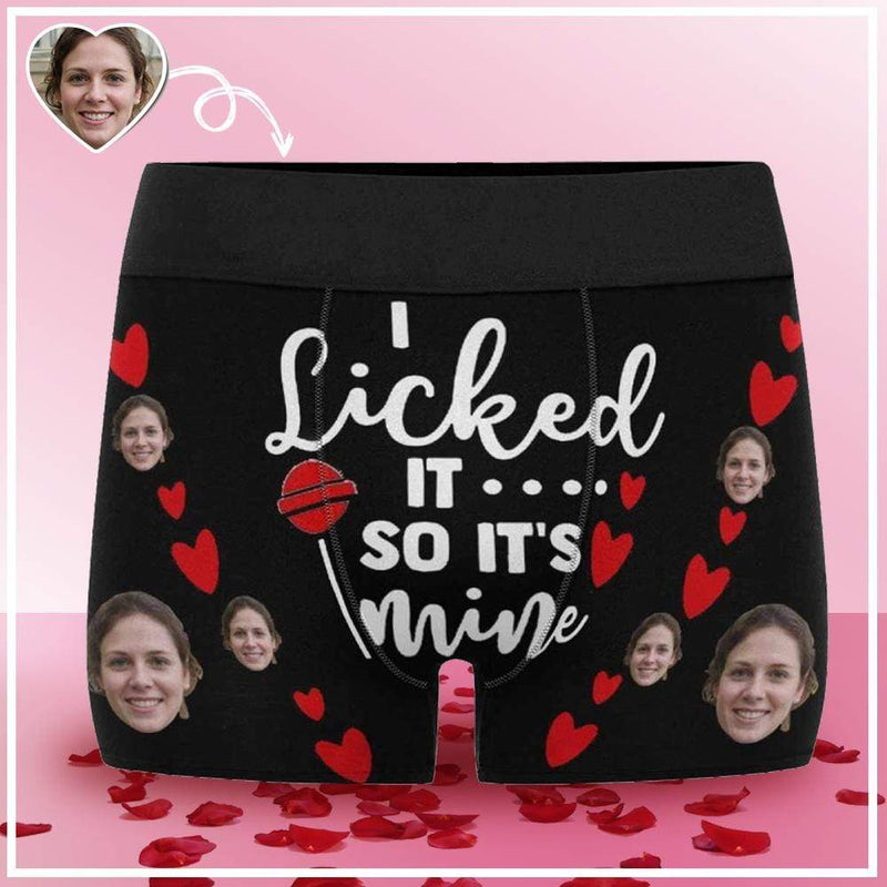 FacePajamas Underwear [Made In USA] Custom Men's Boxer Briefs with Girlfriend Face I Licked It Red Love Personalized Boxers Underwear For Valentine's Day Gift