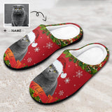 FacePajamas Slippers-2YX-SDS MEN / 7-8(40-41) Custom Cat's Photo  & Name Christmas Hat All Over Print Cotton Slippers