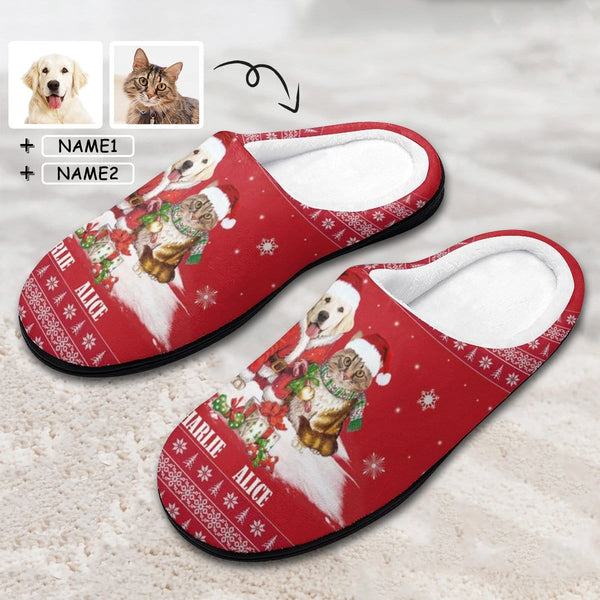 FacePajamas Slippers-2YX-SDS MEN / 7-8(40-41) Custom Pet's Photo  & Name Christmas Hat Red All Over Print Cotton Slippers