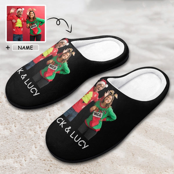 FacePajamas Slippers-2YX-SDS MEN / 7-8(40-41) Custom Photo&Name Couples Women's All Over Print Cotton Slippers