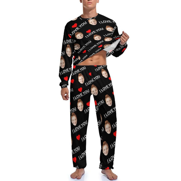 FacePajamas Pajama Men's Crew Neck Long Pajama Set / Black / S [TikTok Hot Selling] Custom Face I Love You Men's Pajamas Personalized Photo Sleepwear Sets