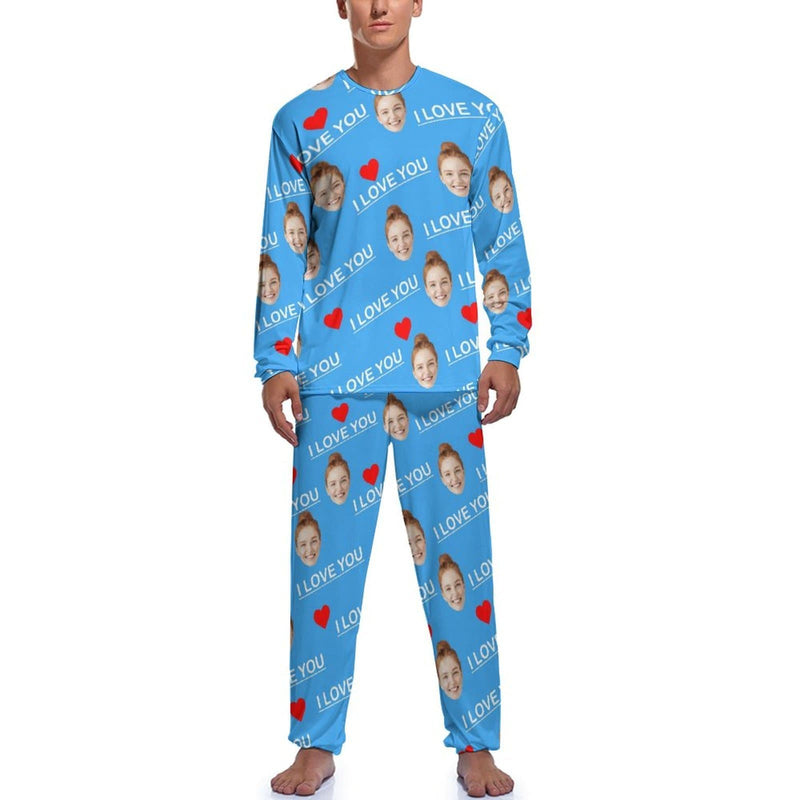 FacePajamas Pajama Men's Crew Neck Long Pajama Set / Blue / S [TikTok Hot Selling] Custom Face I Love You Men's Pajamas Personalized Photo Sleepwear Sets