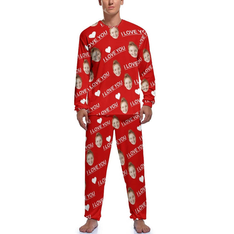 FacePajamas Pajama Men's Crew Neck Long Pajama Set / Red / S [TikTok Hot Selling] Custom Face I Love You Men's Pajamas Personalized Photo Sleepwear Sets
