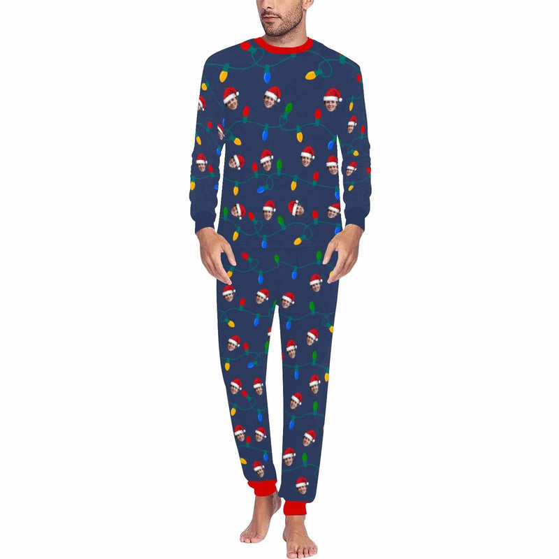 FacePajamas Pajama Men/S Custom Face Christmas Hat LED Lights Sleepwear Personalized Family Slumber Party Matching Long Sleeve Pajamas Set