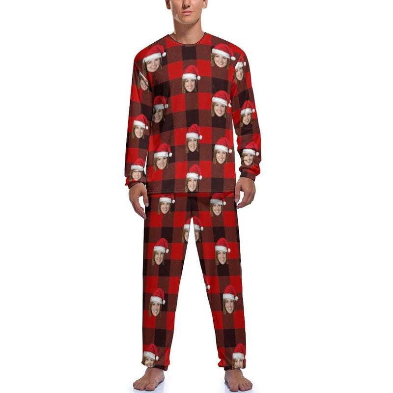 FacePajamas Pajama Men/S Custom Face Christmas Hat Red Black Stripes Nightwear Personalized Family Matching Long Sleeve Pajamas Set