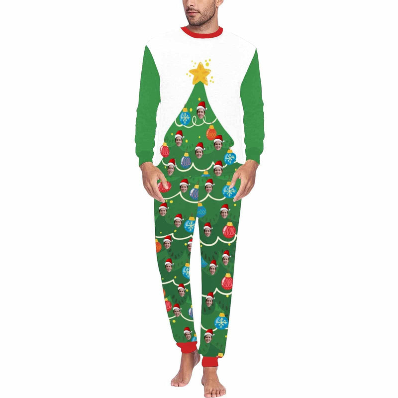 FacePajamas Pajama Men/S Custom Face Green Christmas Tree Sleepwear Personalized Family Matching Long Sleeve Pajamas Set
