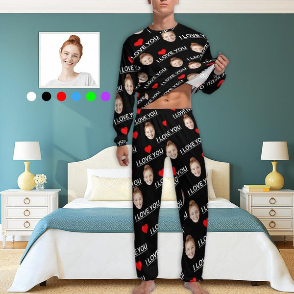 FacePajamas Pajama Men's Long Set / S Custom Face Pajamas Personalized I Love You Men's V-Neck Short Sleeve Pajama Set Valentines Day Gift