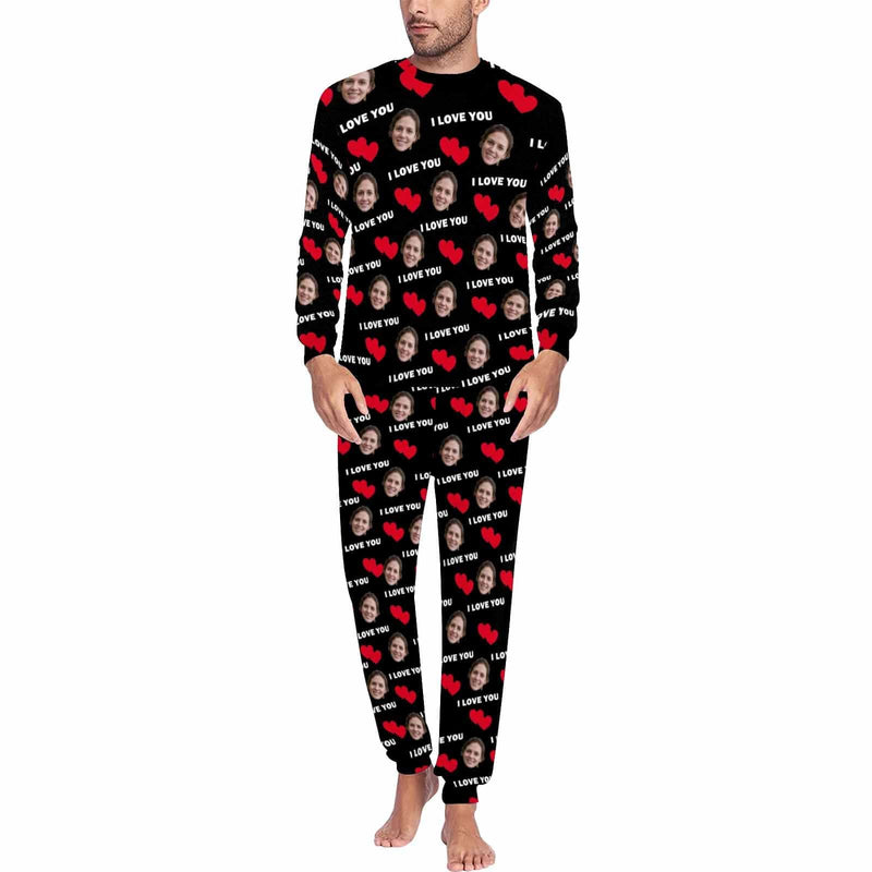 FacePajamas Pajama Men's Long Sleeve Crew Neck PJ Set / S [TikTok Hot Selling] Custom Face Black Couple Matching Pajamas I Love You Sleepwear Sets Funny Long Sleeve Nightwear