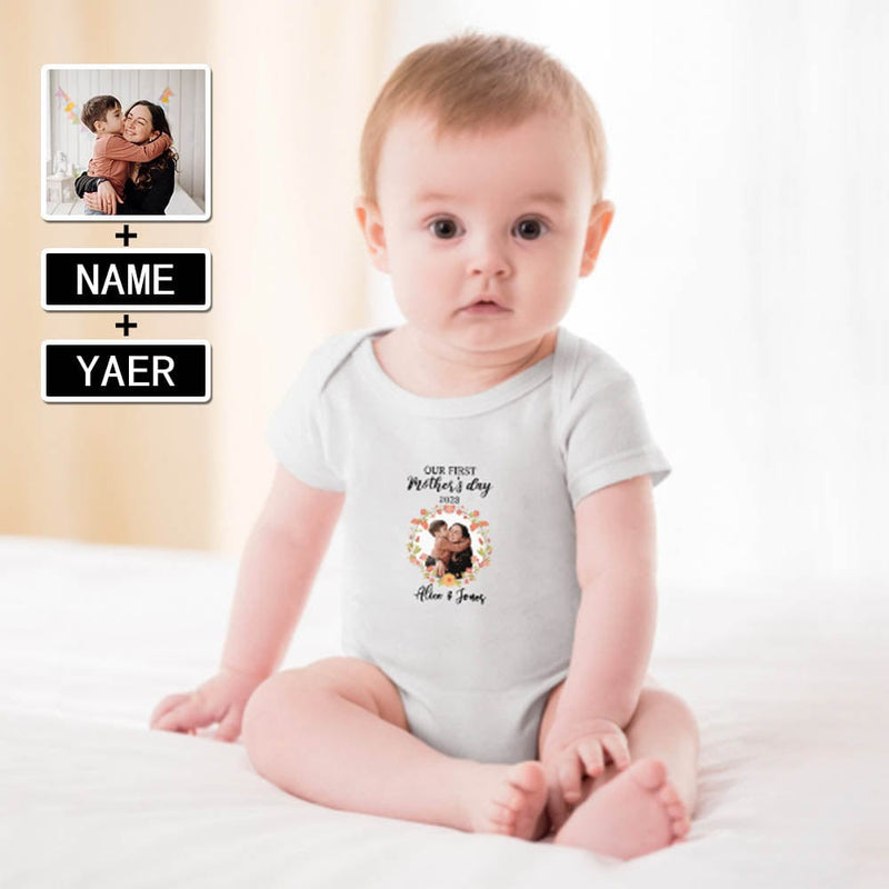 FacePajamas Mother-kid Pajamas Newborn Baby Jumpsuit Custom Face Garland Our First Mother's Day White Baby Bodysuit Personalized Mother-kid Matching Nightwear Mother's Day & Birthday Gift
