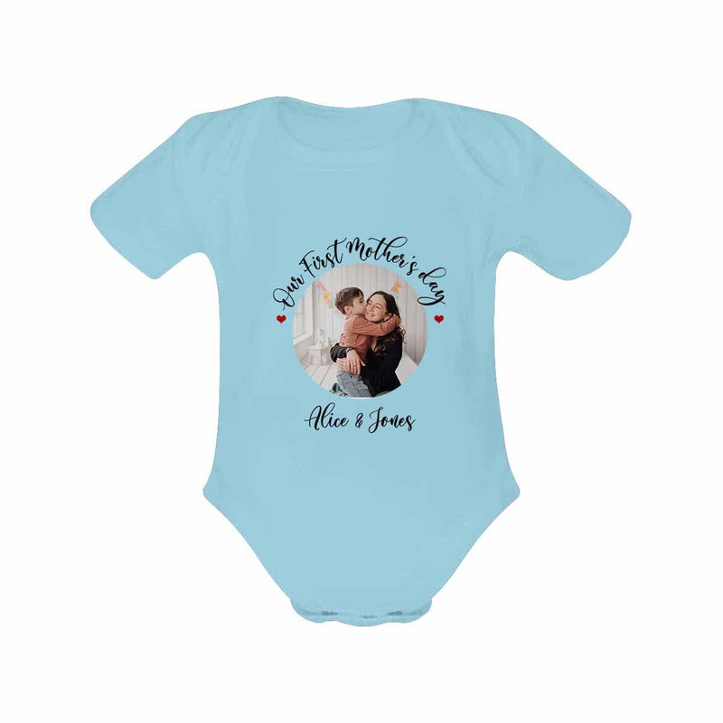 FacePajamas 387560669431 Newborn Baby Jumpsuit Custom Face Our First Mother's Day Blue Baby Bodysuit Personalized Mother-kid Matching Nightwear Mother's Day & Birthday Gift