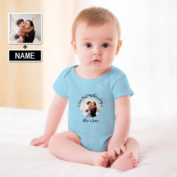 FacePajamas Mother-kid Pajamas Newborn Baby Jumpsuit Custom Face Our First Mother's Day Blue Baby Bodysuit Personalized Mother-kid Matching Nightwear Mother's Day & Birthday Gift