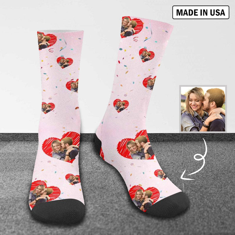 FacePajamas Sublimated Crew Socks One Size Custom Couple Face Socks Personalized Love Heart Sublimated Crew Socks Unisex Gift for Men Women