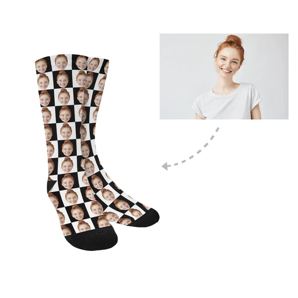 FacePajamas Sublimated Crew Socks One Size Custom Face Black & White Grid Socks Personalized Sublimated Crew Socks Unisex Gift for Men Women