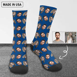 FacePajamas Sublimated Crew Socks One Size Custom Face Blue Socks Personalized Photo Sublimated Crew Socks Unisex Gift for Men Women