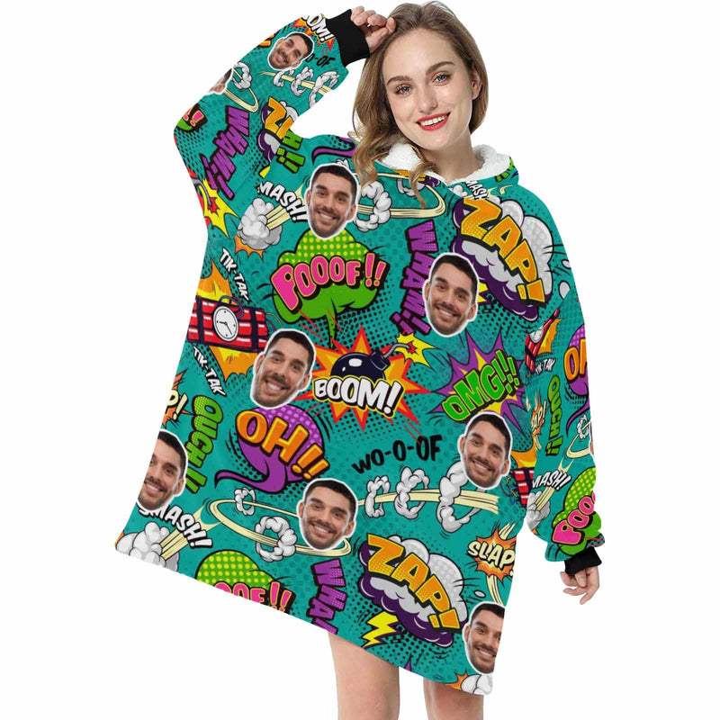 FacePajamas Pajama One Size Custom Face Bomb Funny Blanket Hoodie for Women Personalized Oversized Hoodie Fleece Blanket Photo Gifts