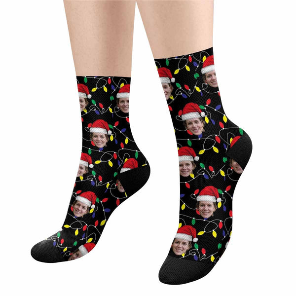 FacePajamas Sublimated Crew Socks One Size Custom Face Christmas Socks Lanterns Personalized Photo Sublimated Crew Socks Gift for Christmas