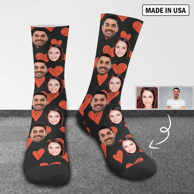 FacePajamas Sublimated Crew Socks One Size Custom Face Couple Socks Personalized Photo Love Heart Sublimated Crew Socks