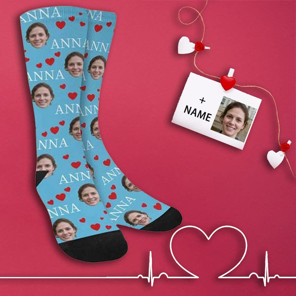 FacePajamas Sublimated Crew Socks One Size Custom Face&Name Socks Personalized Red Love Sublimated Crew Socks Unisex Gift for Men Women