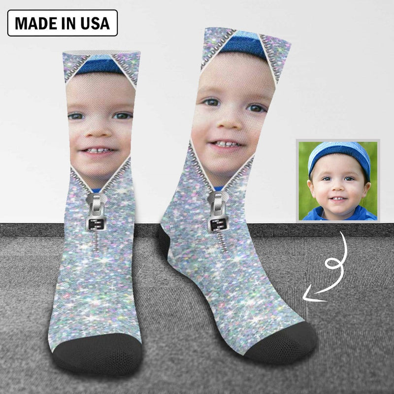 FacePajamas Sublimated Crew Socks One Size Custom Face Printed on Socks Zipper Silvery Sublimated Crew Socks Personalized Picture Socks Unisex Gift for Men Women