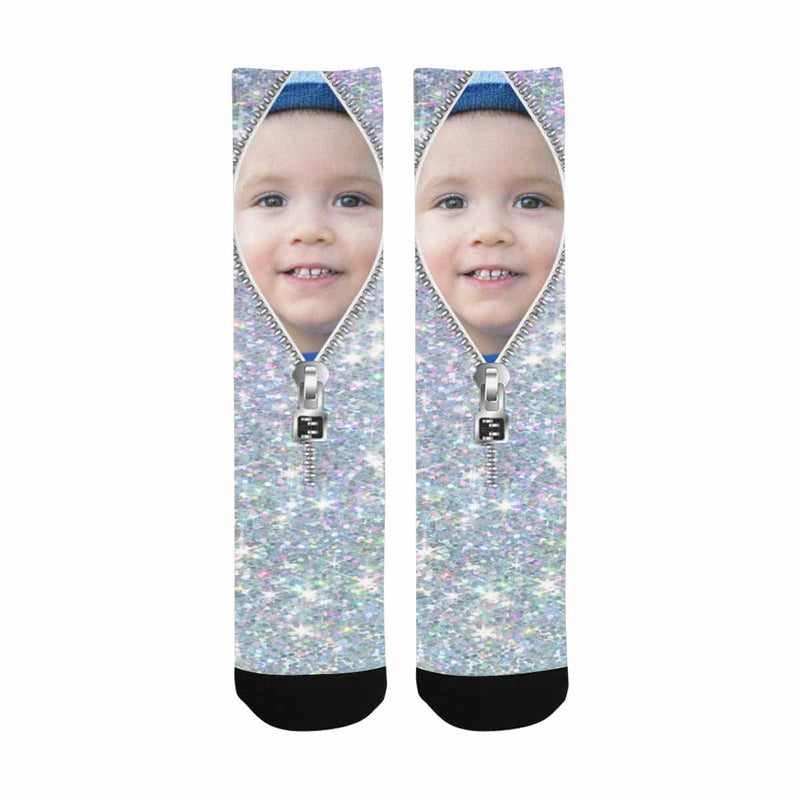 FacePajamas Sublimated Crew Socks One Size Custom Face Printed on Socks Zipper Silvery Sublimated Crew Socks Personalized Picture Socks Unisex Gift for Men Women