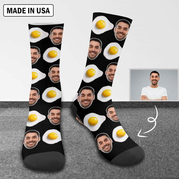 FacePajamas Sublimated Crew Socks One Size Custom Face Socks Personalized Poached Egg Photo Sublimated Crew Socks Funny Gift