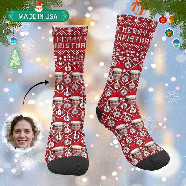 FacePajamas Sublimated Crew Socks One Size Custom Face Sublimated Crew Socks Red Socks Merry Christmas Personalized Funny Photo Socks Gift