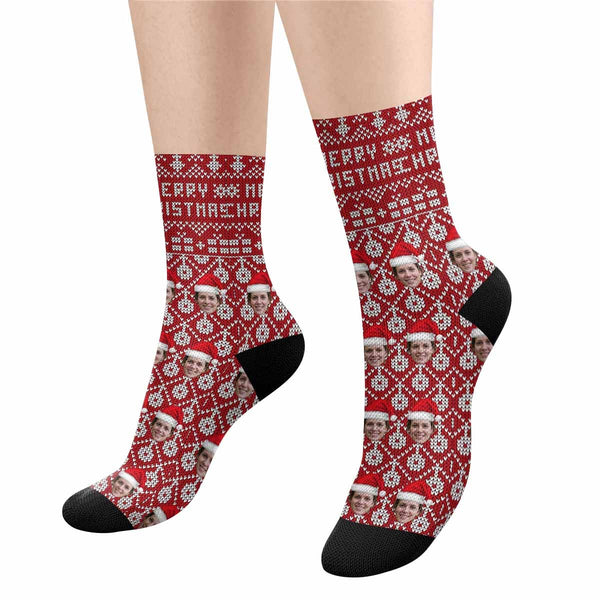 FacePajamas Sublimated Crew Socks One Size Custom Face Sublimated Crew Socks Red Socks Merry Christmas Personalized Funny Photo Socks Gift