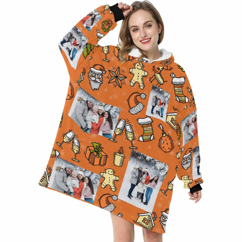 FacePajamas Pajama One Size Custom Photo Blanket Hoodie for Women Christmas Doll Personalized Oversized Hoodie Fleece Blanket Photo Gifts