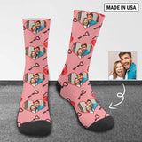 FacePajamas Sublimated Crew Socks One Size Custom Photo Pink Socks Personalized Photo Keys Sublimated Crew Socks