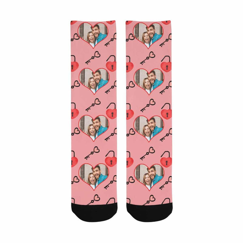 FacePajamas Sublimated Crew Socks One Size Custom Photo Pink Socks Personalized Photo Keys Sublimated Crew Socks