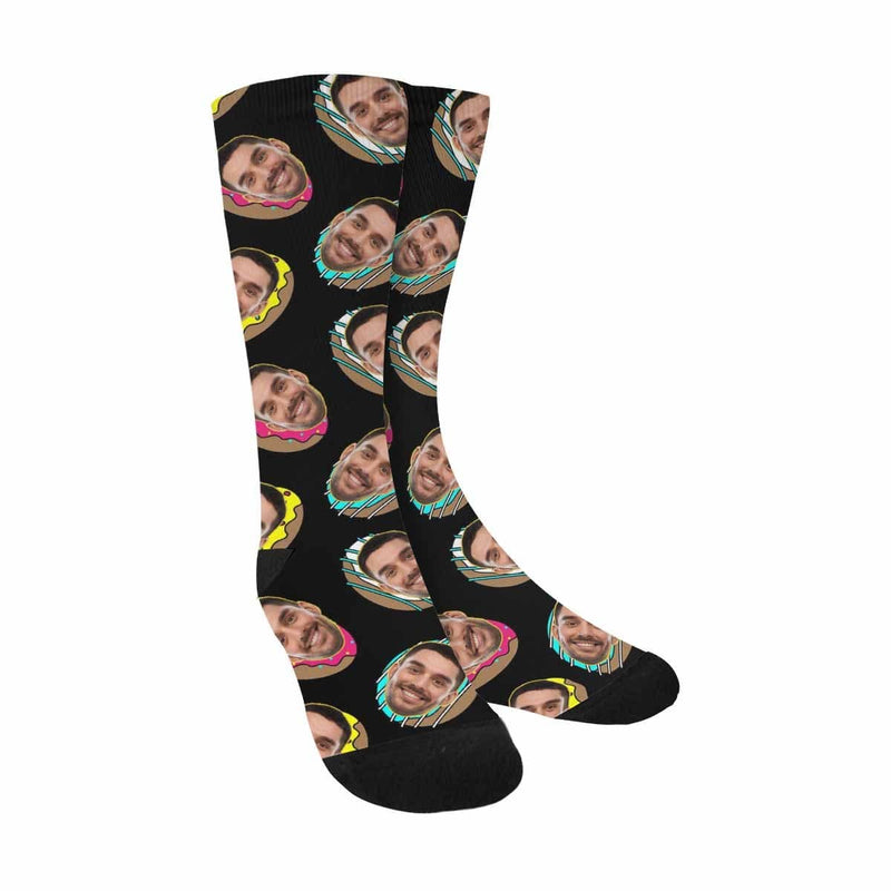 FacePajamas Sublimated Crew Socks One Size Face on Socks Custom Donut Black Sublimated Crew Socks Personalized Picture Socks Unisex Gift for Men Women