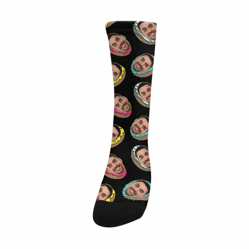 FacePajamas Sublimated Crew Socks One Size Face on Socks Custom Donut Black Sublimated Crew Socks Personalized Picture Socks Unisex Gift for Men Women