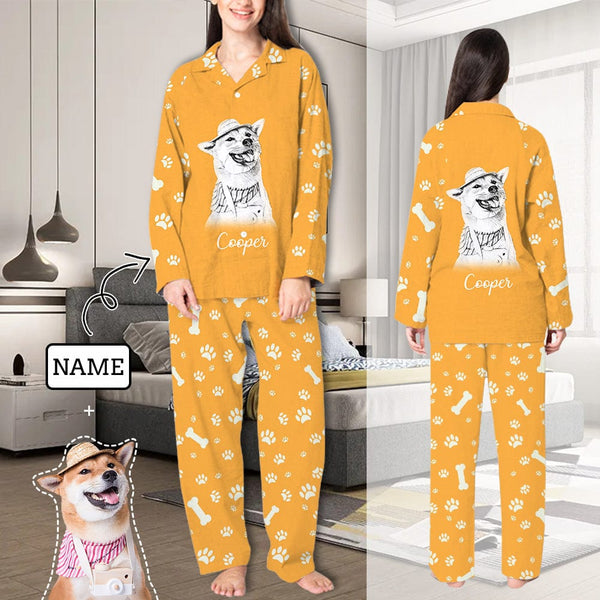 FacePajamas Pajama Orange / XS Custom Pet Photo & Name Pajamas Sleepwear Claw Multiple Colors Personalized Women's Slumber Party Long Pajama Set
