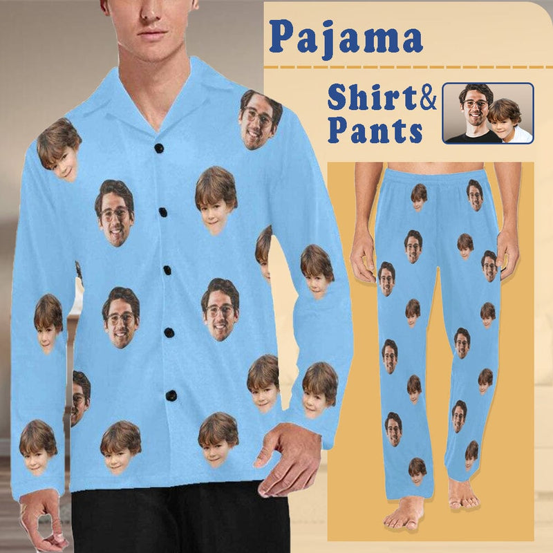 FacePajamas Pajama Shirt&Pants Pajama Shirt&Pajama Pants-Custom Face Pajamas Blue Solid Color Men's Sleepwear Personalized Photo Men's V-Neck Long Pajama Set