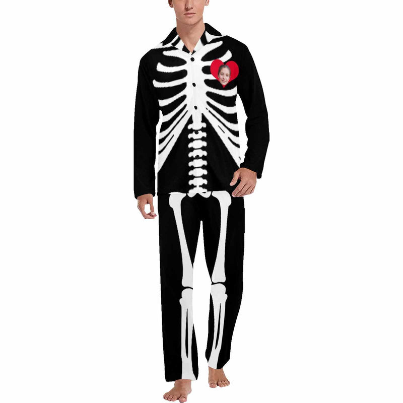 FacePajamas Pajama Shirt&Pajama Pants-Custom Face Pajamas Halloween Skeleton Men's Sleepwear Personalized Photo Men's V-Neck Long Pajama Set