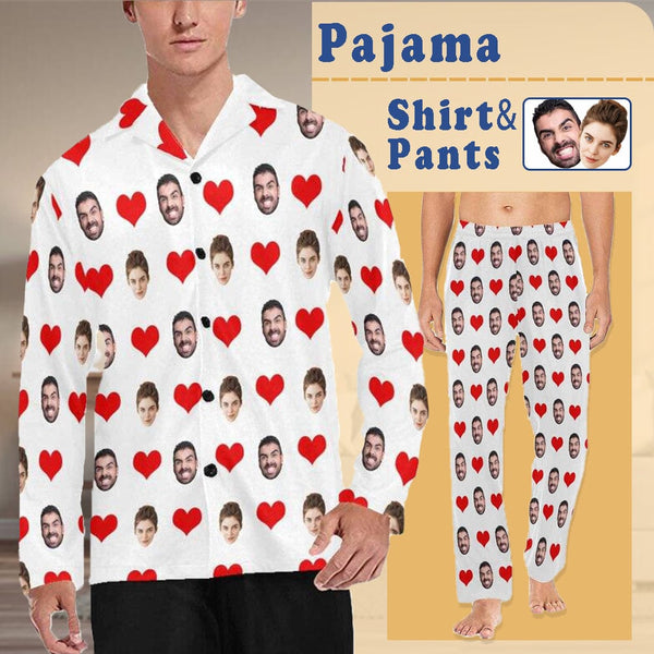FacePajamas Pajama Shirt&Pants Pajama Shirt&Pajama Pants-Custom face Pajamas heart Men's Sleepwear Personalized Photo Men's V-Neck Long Pajama Set