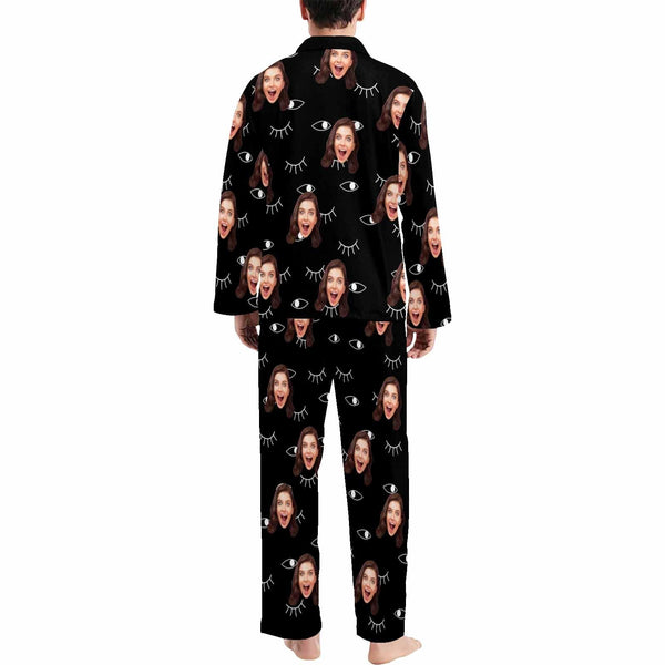 FacePajamas Pajama Shirt&Pajama Pants-Custom Face Pajamas Let Me Sleep Men's Sleepwear Personalized Photo Men's V-Neck Long Pajama Set