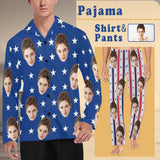 FacePajamas Pajama Shirt&Pants Pajama Shirt&Pajama Pants-Custom Face Pajamas USA Flag Men's Sleepwear Personalized Photo Men's V-Neck Long Sleeve Pajama Set