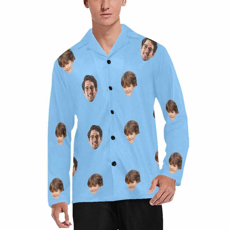 FacePajamas Pajama Shirt&Pants Pajama Shirt / S Pajama Shirt&Pajama Pants-Custom Face Pajamas Blue Solid Color Men's Sleepwear Personalized Photo Men's V-Neck Long Pajama Set