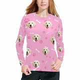 FacePajamas Pajama Shirt&Pants Pajama Shirt / XS Custom Face Pet Dog Bone Pink Long Pajama Shirt&Pants Personalized Women's Slumber Party Sleepwear