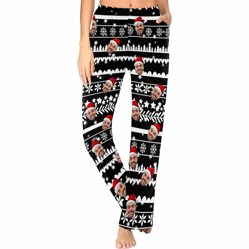 FacePajamas Pajama Pants / Black / XS Custom Face Christmas Snowflake Tree Women's Long Pajama Set Pajama Top&Pajama Bottom