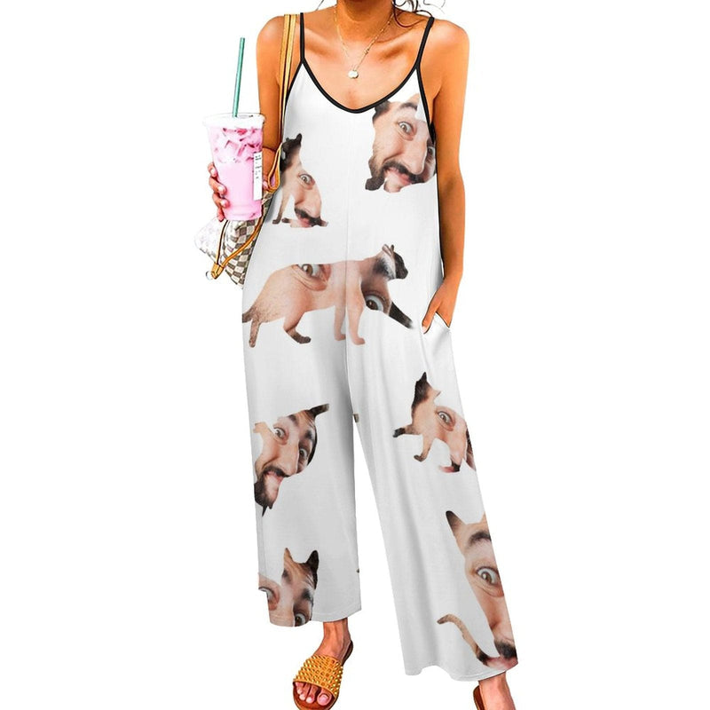 FacePajamas Pajama-2ML-SDS Persoanlized Sleepwear Custom Face Loungewear with Photo On Them Cat Shape Women's Suspender Jumpsuit Loungewear