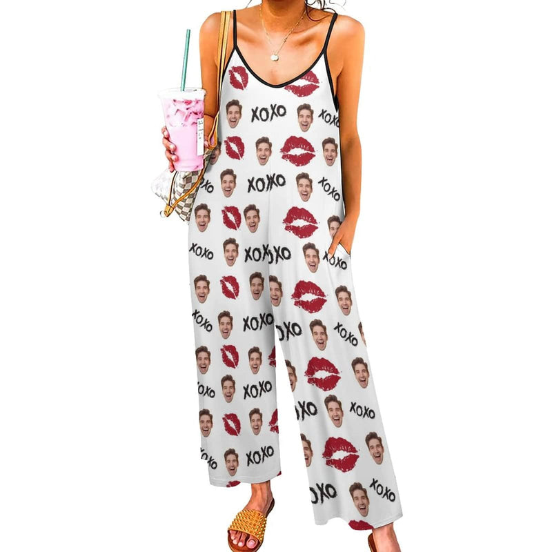 FacePajamas Pajama-2ML-SDS Persoanlized Sleepwear Custom Photo Funny Loungewear With Faces On Them Women's Red Lips  Suspender Jumpsuit Loungewear