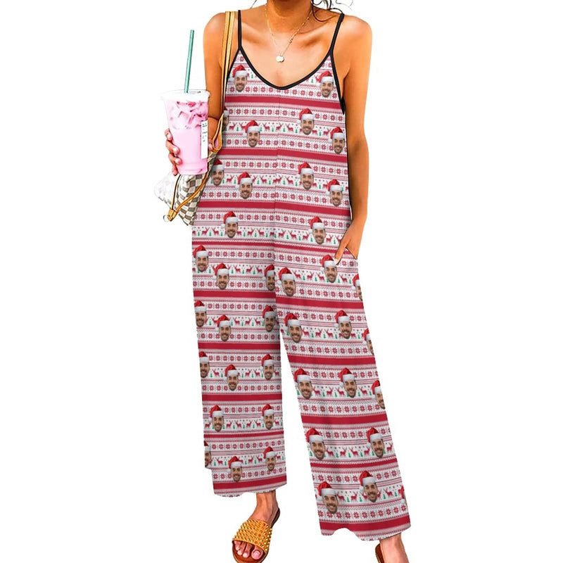 FacePajamas Pajama-SDS Persoanlized Sleepwear Custom Photo Funny Loungewear With Faces On Women's Christmas Hat Elk Snowflake Suspender Jumpsuit Loungewear