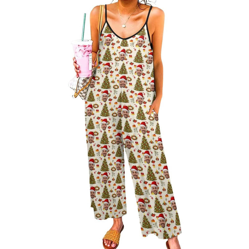 FacePajamas Pajama-2ML-SDS Persoanlized Sleepwear Custom Photo Funny Loungewear With Faces On Women's Christmas Hat Tree Suspender Jumpsuit Loungewear