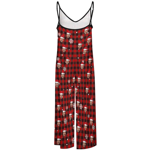 FacePajamas Pajama-2ML-SDS Persoanlized Sleepwear Custom Photo Funny Loungewear With Faces On Women's Red Plaid Christmas Hat Suspender Jumpsuit Loungewear