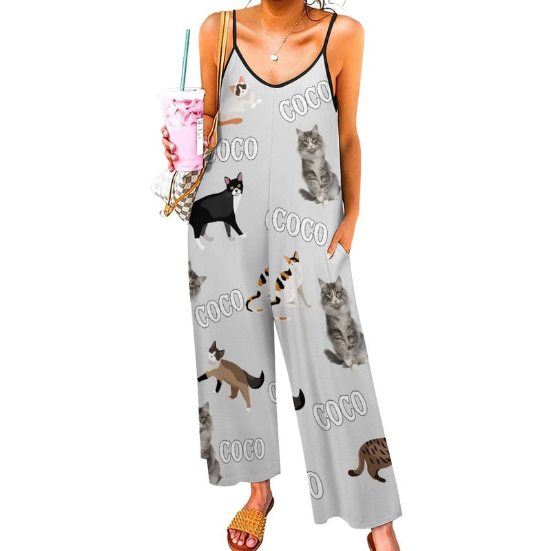 FacePajamas Pajama-2ML-SDS Persoanlized Sleepwear Custom Photo & Name Loungewear with Cat Picture On Them Women's Suspender Jumpsuit Loungewear