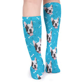FacePajamas Sublimated Crew Socks-2WH-SDS Personalised Pet Socks Dog Face Bone Blue Background Custom Sock with Dog Picture Sublimated Crew Socks