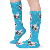 FacePajamas Sublimated Crew Socks-2WH-SDS Personalised Pet Socks Dog Face Bone Blue Background Custom Sock with Dog Picture Sublimated Crew Socks