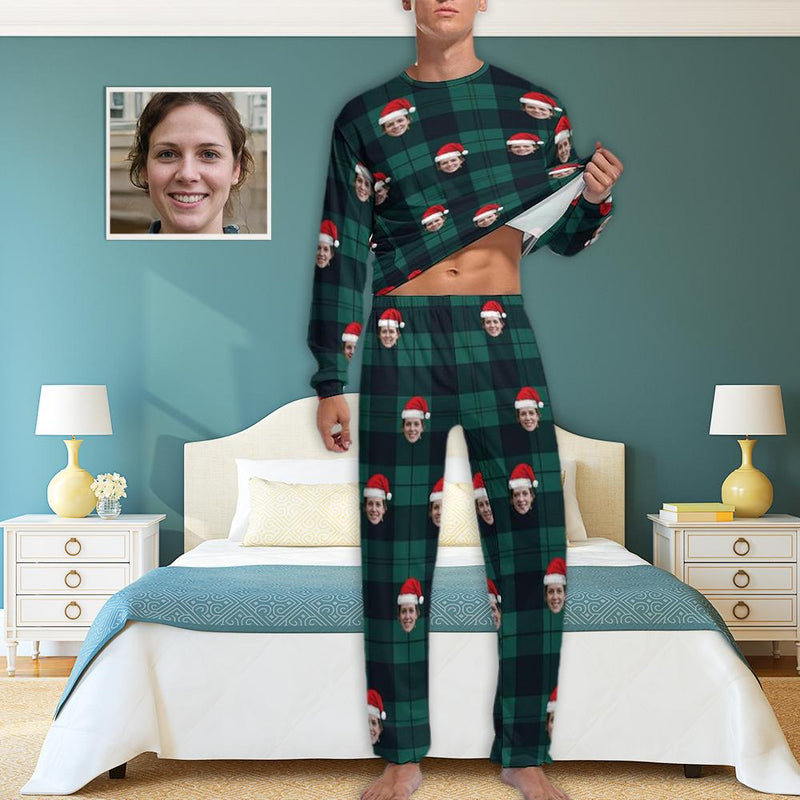 FacePajamas Pajama Personalized Christmas Pajamas Custom Face Black Grey Stripes Men's All Over Print Pajama Set